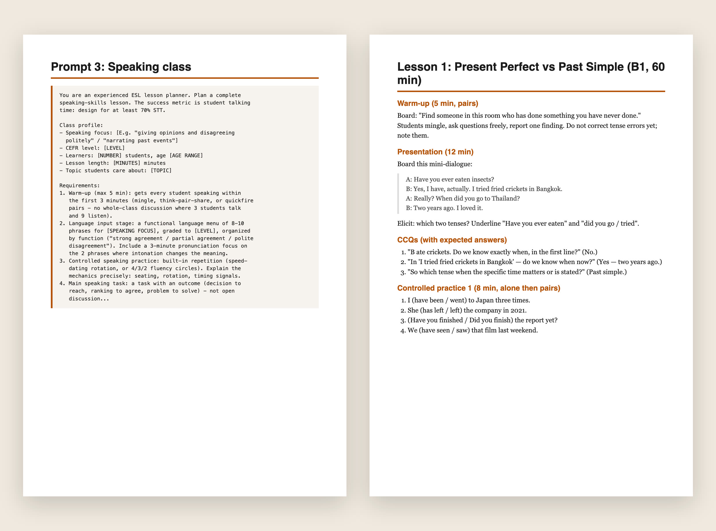 Two real pages from the toolkit: the speaking-class prompt and a complete Present Perfect lesson